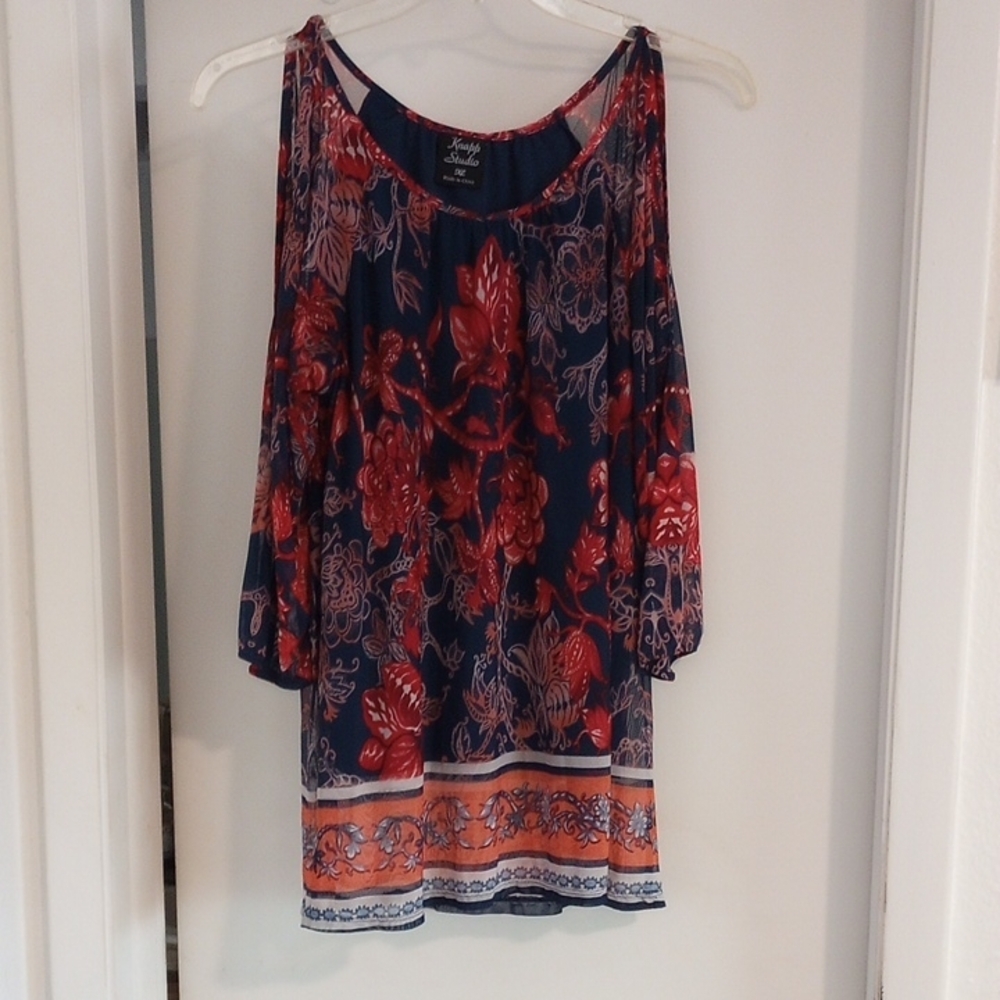 Floral Cold Shoulder Top - Red and Blue